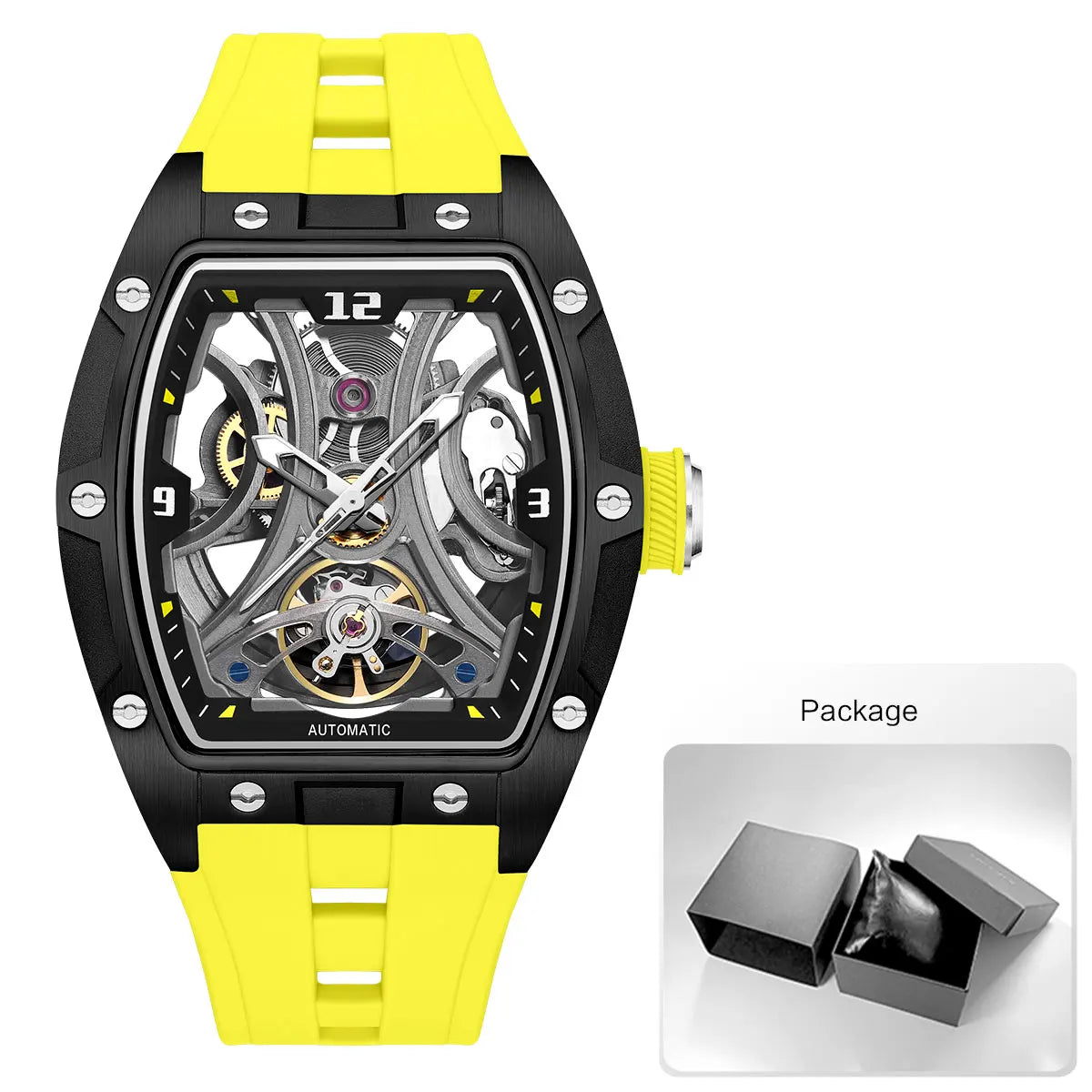 MEGIR Moda Esportes Relógio Mecânico para Homens Relógio de Pulso Automático com Pulseira de Silicone Transparente Tonneau Dial