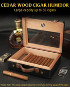 Humidor de charutos, caixa de umidificador de viagem com tampo de vidro, medidor de higrômetro de umidificador, caixa de charuto forro de madeira de cedro até 50 peças
