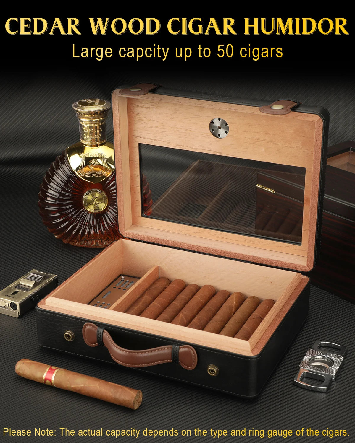 Humidor de charutos, caixa de umidificador de viagem com tampo de vidro, medidor de higrômetro de umidificador, caixa de charuto forro de madeira de cedro até 50 peças