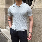 Camisas polo xadrez de malha masculina, camiseta de lapela, manga curta, gola em v, elástica, justa, casual, de negócios, social, verão, 2022