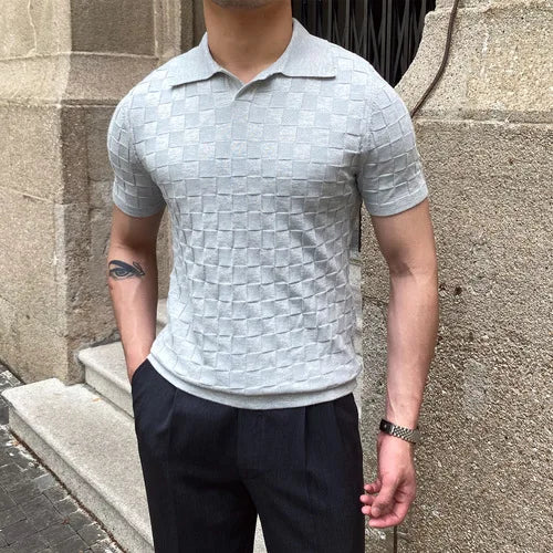 Camisas polo xadrez de malha masculina, camiseta de lapela, manga curta, gola em v, elástica, justa, casual, de negócios, social, verão, 2022