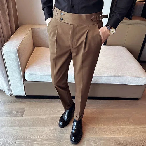 Outono inverno cintura alta calças de vestido de negócios dos homens casual cinto design fino terno calças formal casamento festa social calças masculinas
