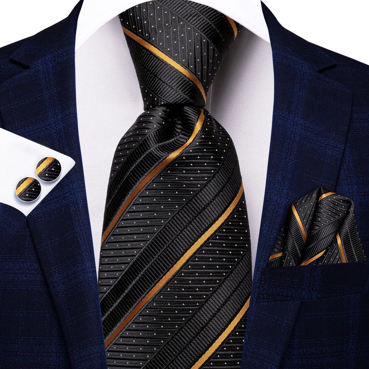 Hi-tie listrado borgonha azul preto masculino elegante gravata lenço abotoaduras 3 pçs conjunto moda clássico seda gravata de luxo para homem