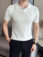 Camisa polo de malha fina de seda e gelo masculina, camiseta casual, manga curta, gola em O, justa, respirável, elástica, malha, masculina, verão