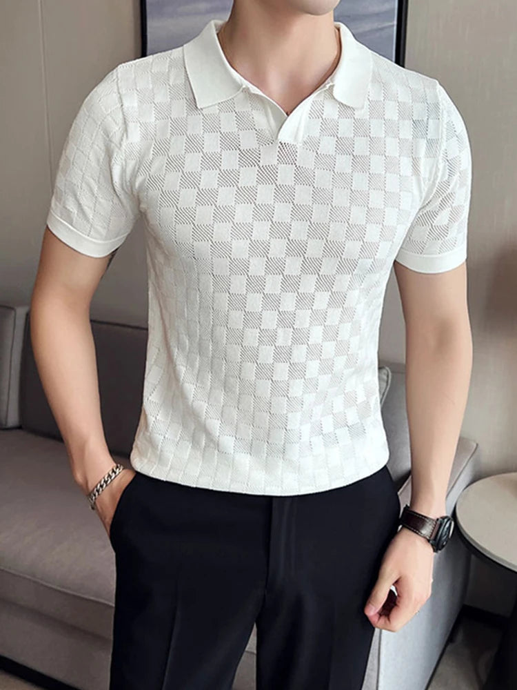 Camisa polo de malha fina de seda e gelo masculina, camiseta casual, manga curta, gola em O, justa, respirável, elástica, malha, masculina, verão