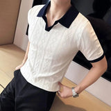 Verão listra jacquard manga curta camisa polo de malha masculina com decote em v contraste cor magro ajuste casual negócios camiseta topos 3xl