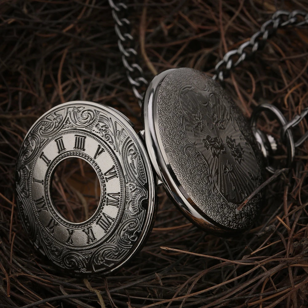 Preto numerais romanos relógio de bolso de quartzo masculino feminino preto oco caso steampunk vintage pingente colar melhores presentes para homens