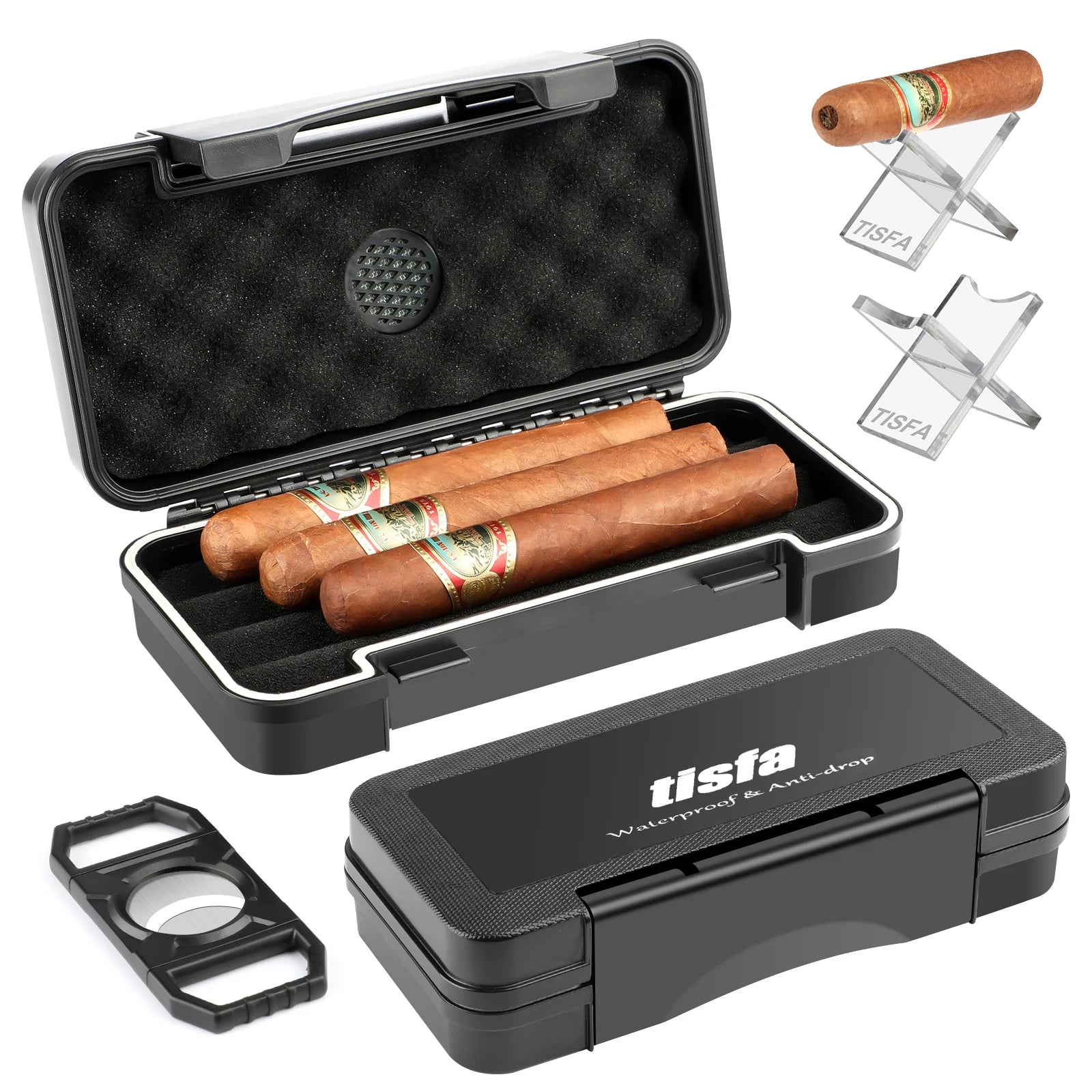 Estojo umidificador de viagem para charutos com cortador de charutos e suporte para charutos, umidificador de charutos portátil, caixa à prova d'água, conjunto de presente para homens
