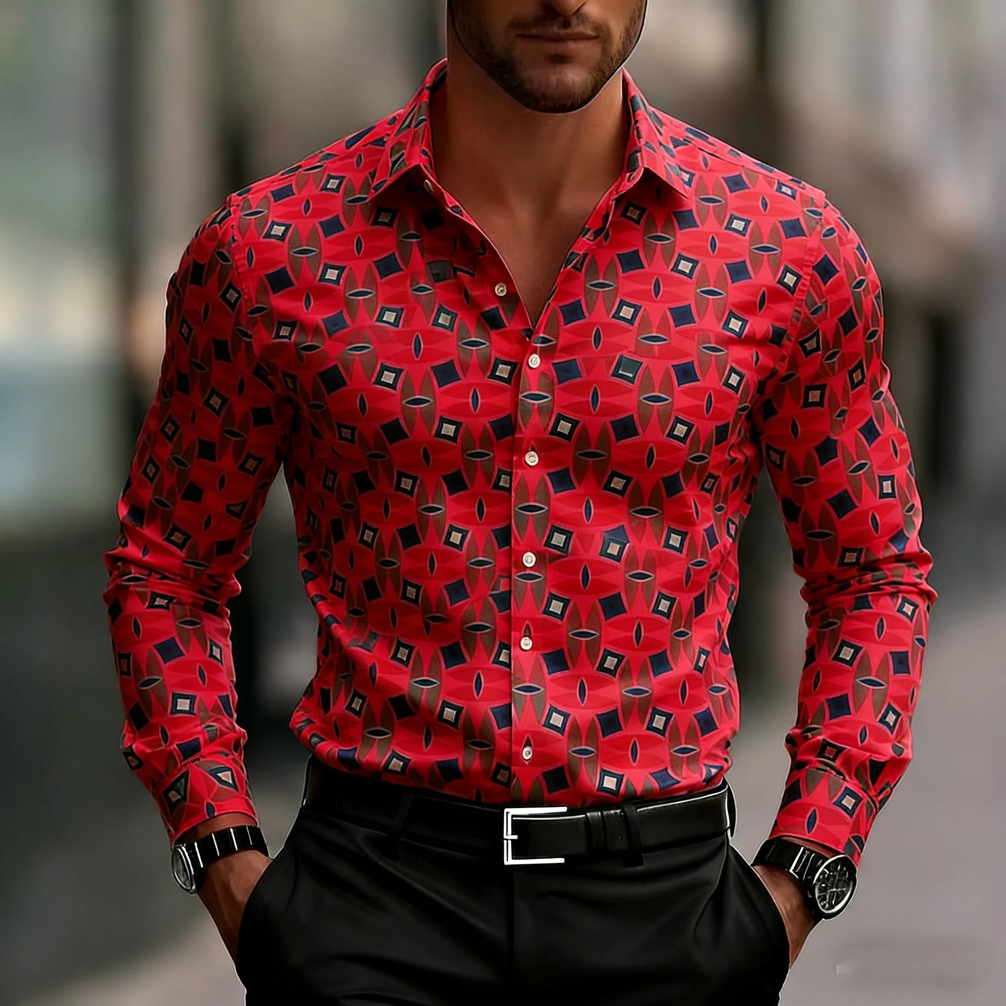 Camisa masculina de manga comprida com estampa geométrica, camisa quadrada moderna geométrica confortável para escritório diário masculino com gola virada para baixo