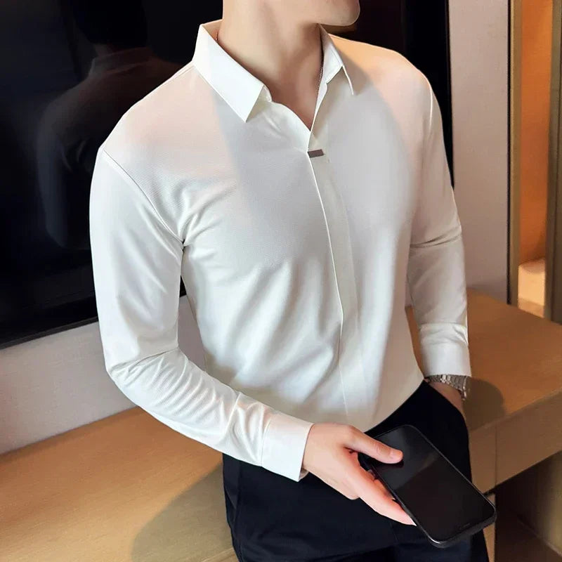 Camisa polo masculina com decote em v, alta elasticidade, sem marcação, alta qualidade, manga comprida, lapela, sólida, slim fit, camiseta casual, roupas masculinas 4xl