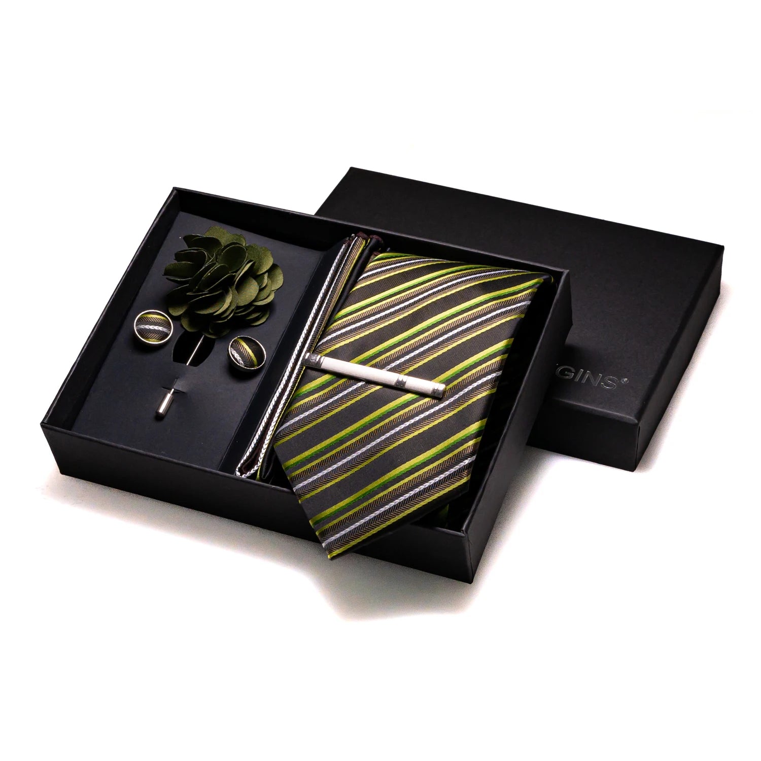Gravatas luxuosas de seda com listras verdes escuras, acessórios de casamento, gravata masculina, bolso quadrado, abotoaduras, pino e caixa de presente elegante
