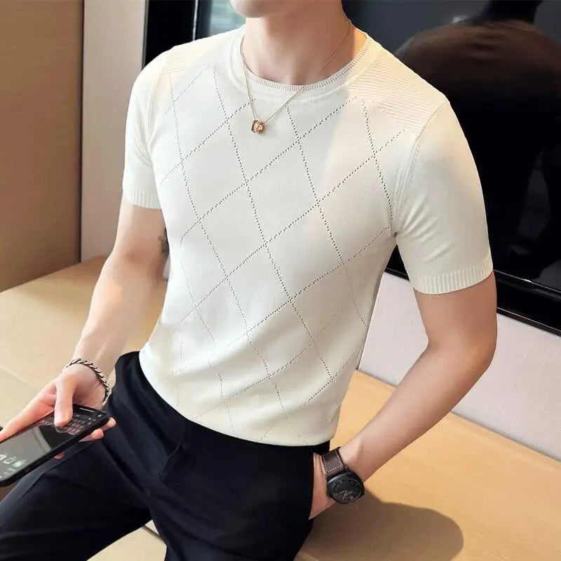 Camiseta respirável de seda gelada masculina, manga curta, camiseta de malha, gola redonda, slim fit, elástica, casual, verão, 3XL, 3XL, 2023