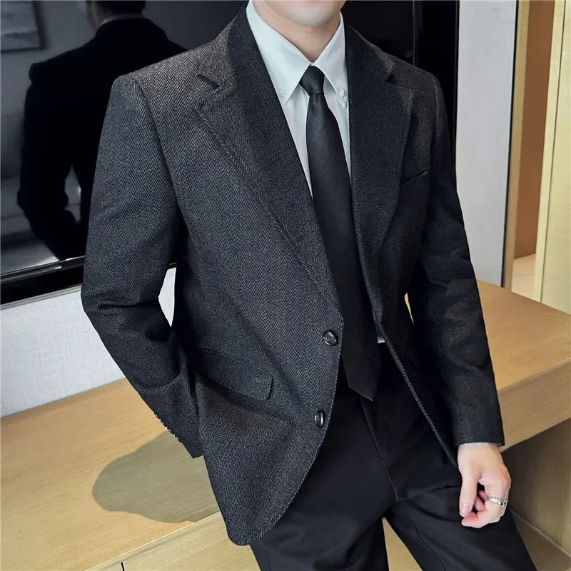 Outono inverno grosso terno de lã jaqueta masculina fino ajuste negócios casual terno casaco alta qualidade moda masculina casamento social smoking