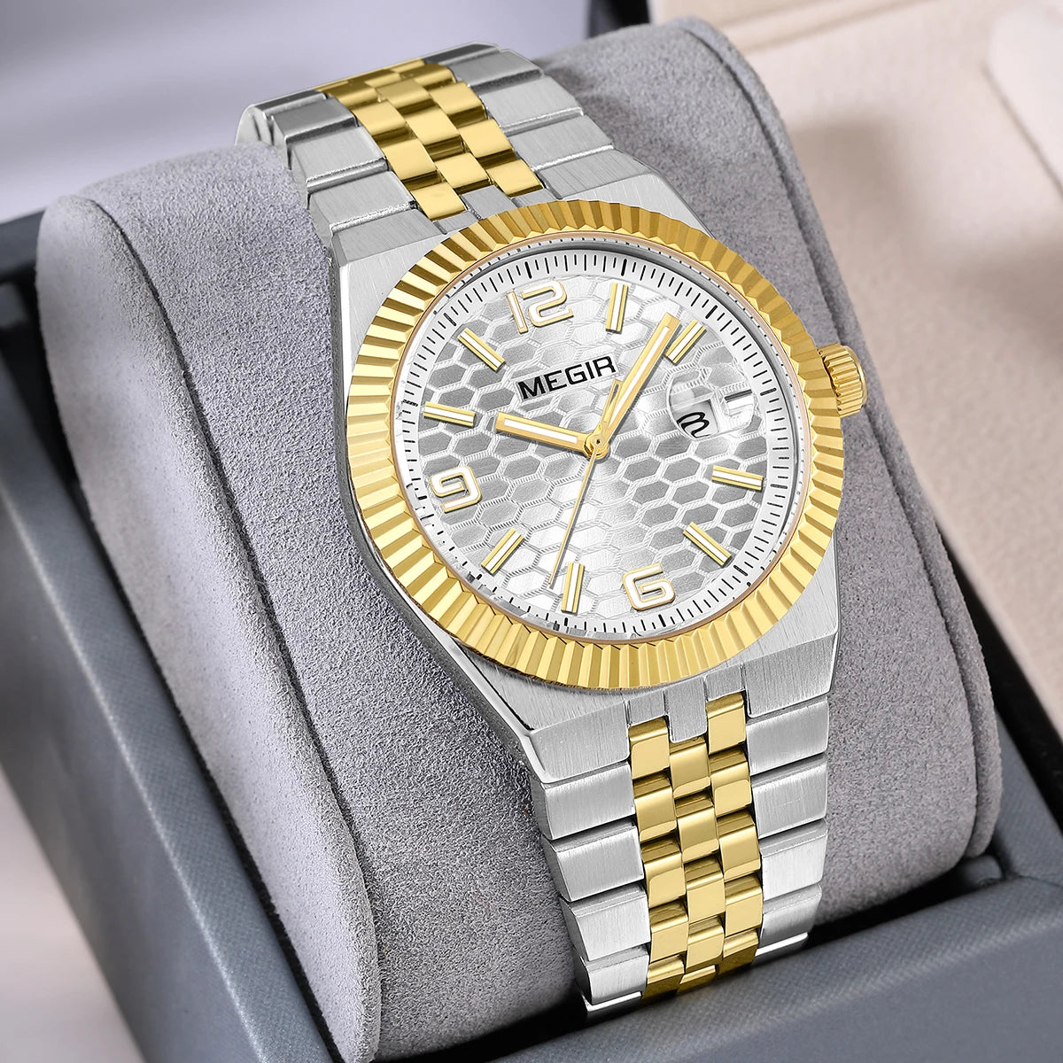 Megir relógio de quartzo estilo simples para homens, relógio de pulso analógico de negócios da moda com pulseira de aço inoxidável, data, mãos luminosas