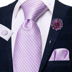 Gravata elegante de seda listrada para homens, gravata de casamento para negócios, moda designer de gravata, abotoadura manual, roxa e branca, gravata