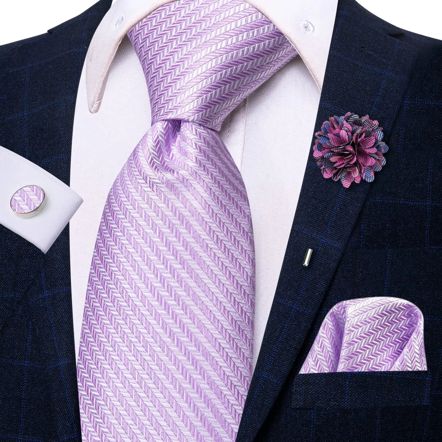 Gravata elegante de seda listrada para homens, gravata de casamento para negócios, moda designer de gravata, abotoadura manual, roxa e branca, gravata