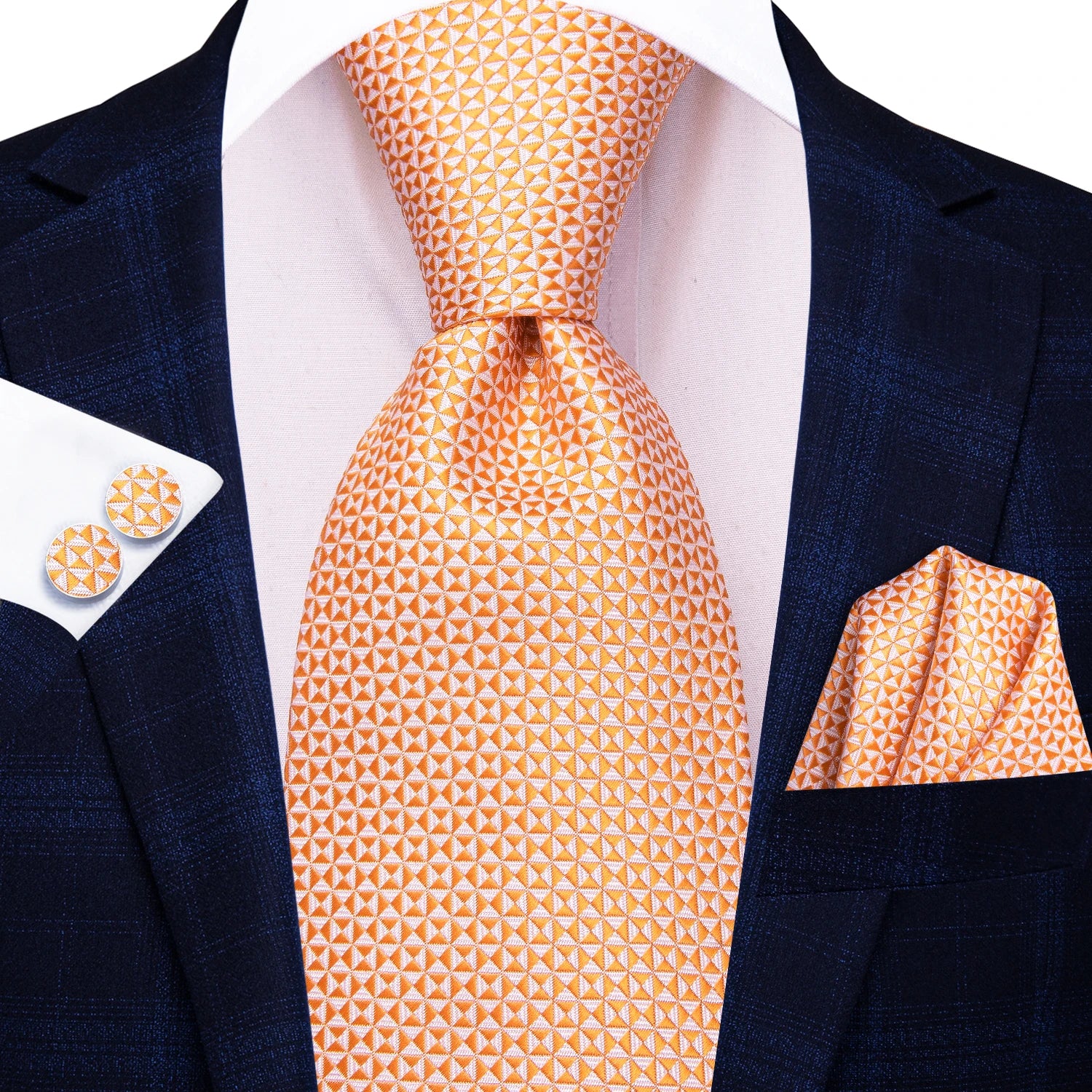 Hi-tie masculino elegante gravata lenço abotoaduras 3 pçs conjunto xadrez azul claro para smoking moda clássico seda luxo gravata para homem