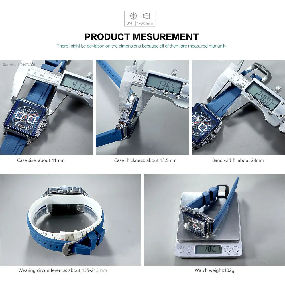 MEGIR-Relógio de quartzo quadrado masculino, moda, impermeável, luminoso, cronógrafo, data, azul, Silicone Strap, esporte, 2233