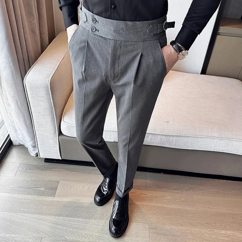 Outono inverno cintura alta calças de vestido de negócios dos homens casual cinto design fino terno calças formal casamento festa social calças masculinas