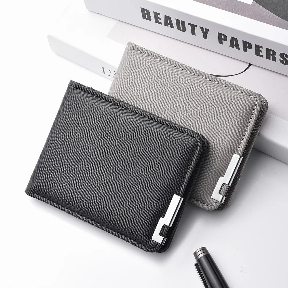 Carteira masculina portátil de couro pu carteira de cartão de crédito premium carteira curta ultrafina para porta-cartões