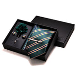 Gravatas luxuosas de seda com listras verdes escuras, acessórios de casamento, gravata masculina, bolso quadrado, abotoaduras, pino e caixa de presente elegante