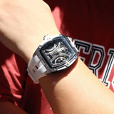 MEGIR Moda Esportes Relógio Mecânico para Homens Relógio de Pulso Automático com Pulseira de Silicone Transparente Tonneau Dial