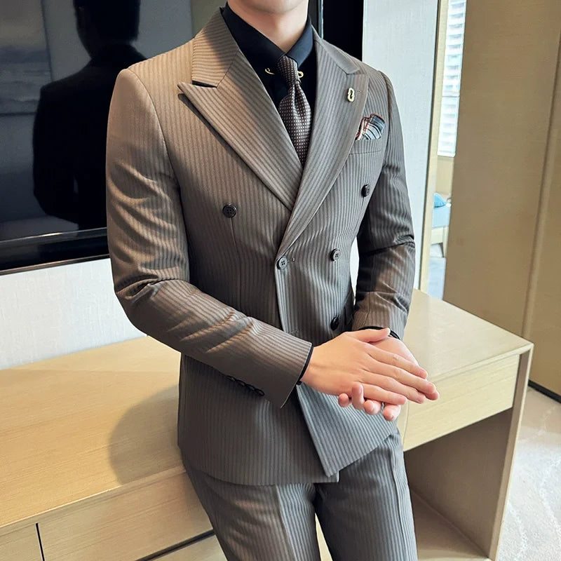 (Jaquetas + calças + colete) terno masculino listrado de luxo de alta qualidade duplo breasted elegante moda smoking formal noivo casamento terno social