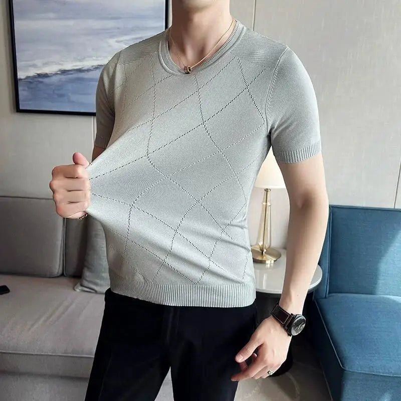 Camiseta respirável de seda gelada masculina, manga curta, camiseta de malha, gola redonda, slim fit, elástica, casual, verão, 3XL, 3XL, 2023