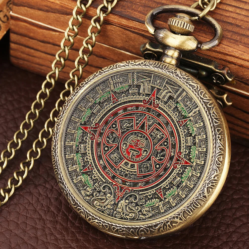 Bronze mexicano maya asteca calendário arte profecia cultura banhado a ouro moeda relógio de bolso de quartzo com colar de 80cm/corrente de cintura de 38cm