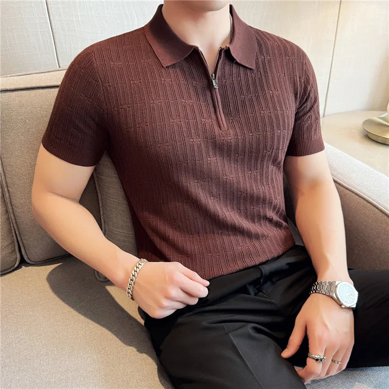 Verão gelo seda oco malha polos camisa de alta qualidade dos homens manga curta listrado negócios casual camiseta topos roupas masculinas 3xl