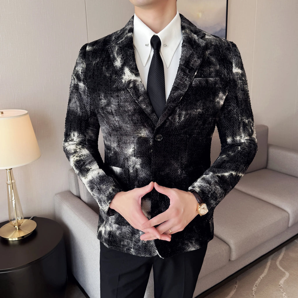 Alta qualidade tie dye chenille moda masculina casual terno jaqueta outono inverno novo coreano fino ajuste terno de casamento social blazer