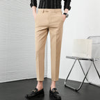 Verão nova cor sólida negócios calças casuais masculino fino ajuste social terno pant formal escritório tornozelo comprimento calças streetwears 36-29