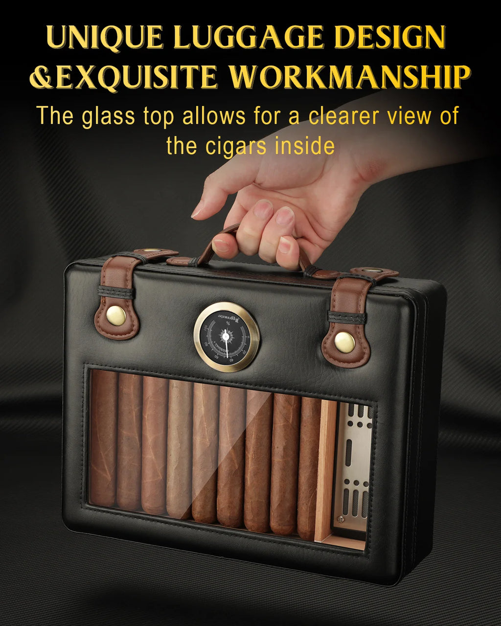 Humidor de charutos, caixa de umidificador de viagem com tampo de vidro, medidor de higrômetro de umidificador, caixa de charuto forro de madeira de cedro até 50 peças