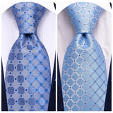 Hi-tie masculino elegante gravata lenço abotoaduras 3 pçs conjunto xadrez azul claro para smoking moda clássico seda luxo gravata para homem