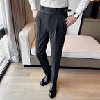 Outono inverno cintura alta calças de vestido de negócios dos homens casual cinto design fino terno calças formal casamento festa social calças masculinas