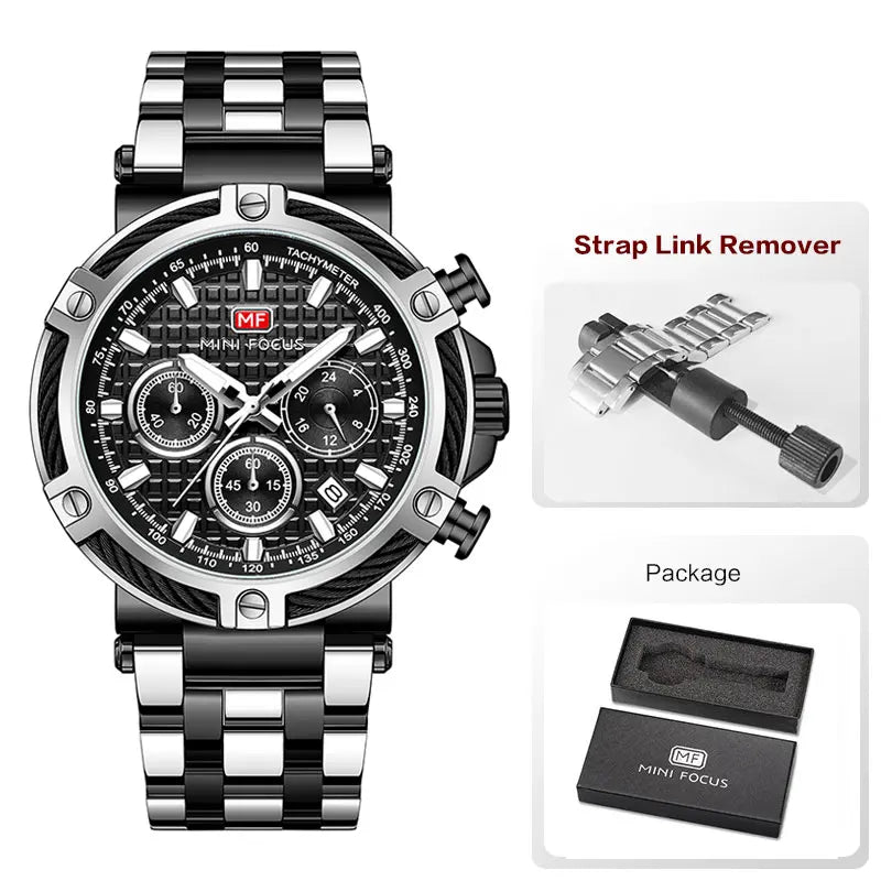 Mini foco analógico vestido de quartzo relógio masculino prata azul pulseira de aço inoxidável cronógrafo relógio de pulso luminoso com data 24 horas 0470
