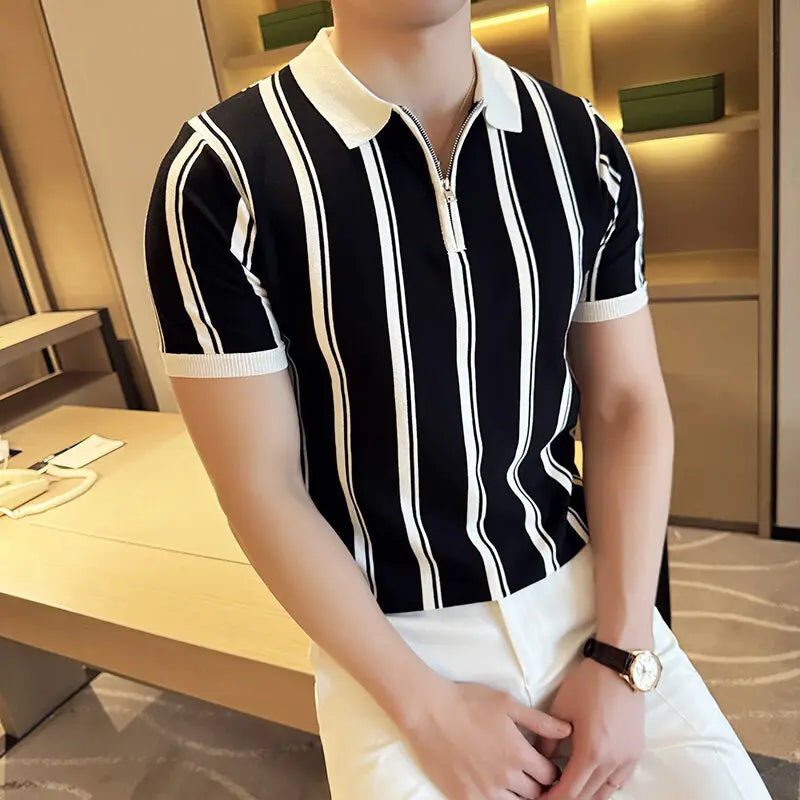 Verão vintage listrado fino ajuste polos camisas meio zíper design casual manga curta camiseta de seda gelo roupas masculinas de alta qualidade