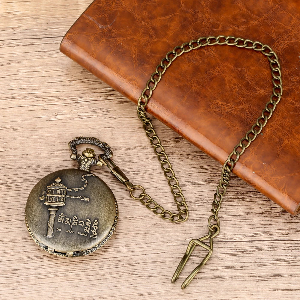 Om Mani Padme Hum Budismo Letras Sanskrit Seis Palavras Relógio de Bolso de Quartzo para Homens Mulheres com Colar de 80cm/Cadeia de Gancho de Cintura de 38cm