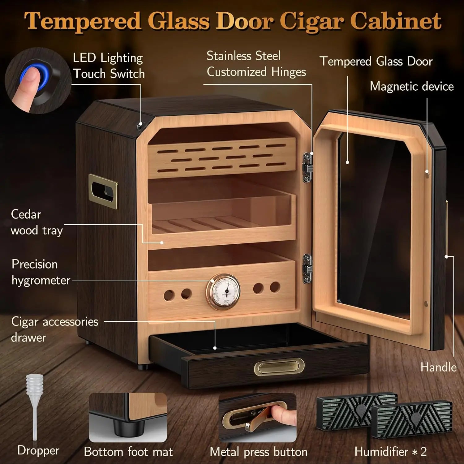 Umidificador de charutos, porta magnética de controle iluminado, com gaveta de acessórios de charuto e 2 umidificadores Armazenamento de grande capacidade de 3 camadas