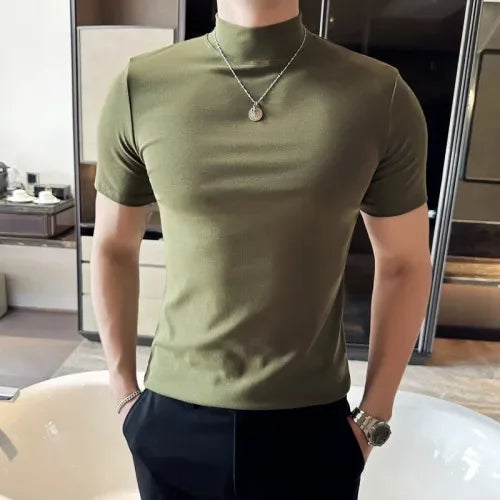Outono inverno masculino meia alta pescoço manga curta camiseta coreano fino ajuste cor sólida camisa inferior casual algodão elástico camisetas