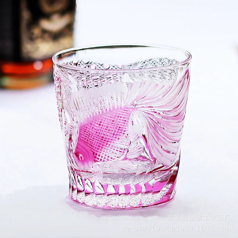 Copo de vinho dourado de cristal rosa, eq kiriko, escultura requintada, copo de uísque, brandy, snifter, licor, uísque, rock, dropship