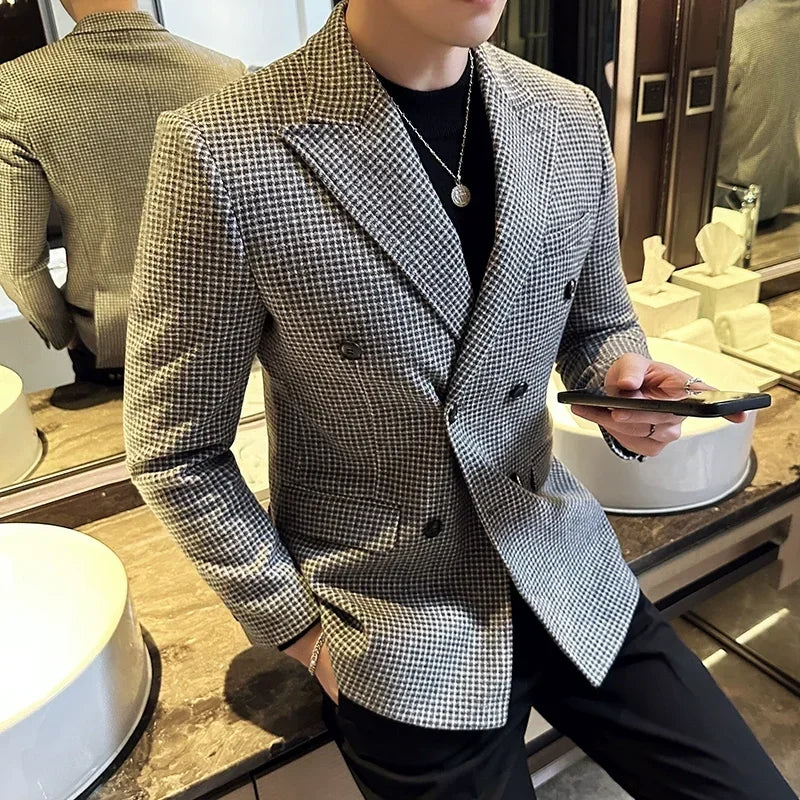 Estilo britânico masculino duplo breasted fino ajuste blazer 2024 novo houndstooth fino ajuste terno jaqueta formal de negócios vestido de casamento jaqueta