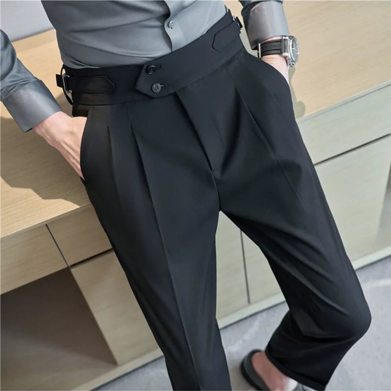 Estilo britânico masculino cintura alta vestido casual calça masculina cinto design calças finas formal escritório social festa de casamento vestido terno calças