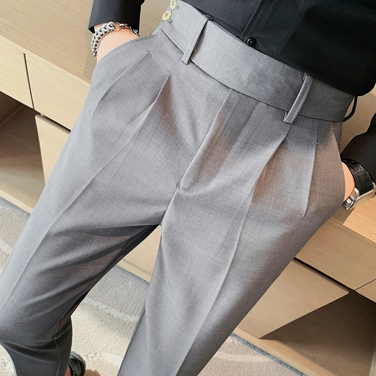Calça casual de cintura alta masculina, estilo britânico, design plissado de Twirt, Nápoles, fina, simples, festa social, calça de terno, plus size 38