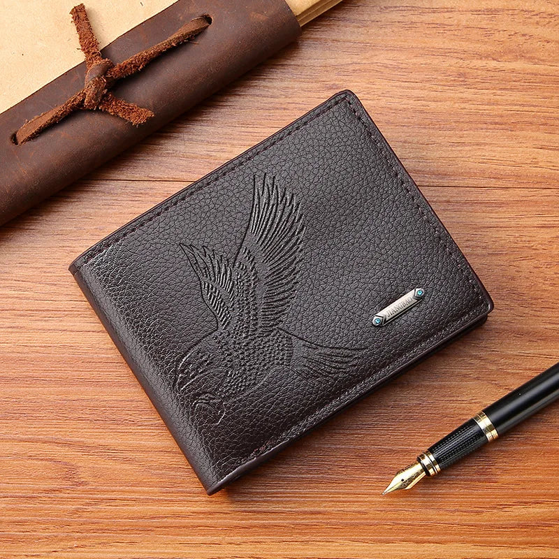 Carteiras de couro masculinas clássicas finas e minimalistas padrão falcão bifold titular do cartão de identificação de crédito carteira bolsa curta fina clipe de dinheiro