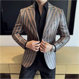 Alta qualidade vintage camurça linha bronzeamento listrado terno casaco 2025 outono novos homens fino negócios social formal terno jaqueta fraques