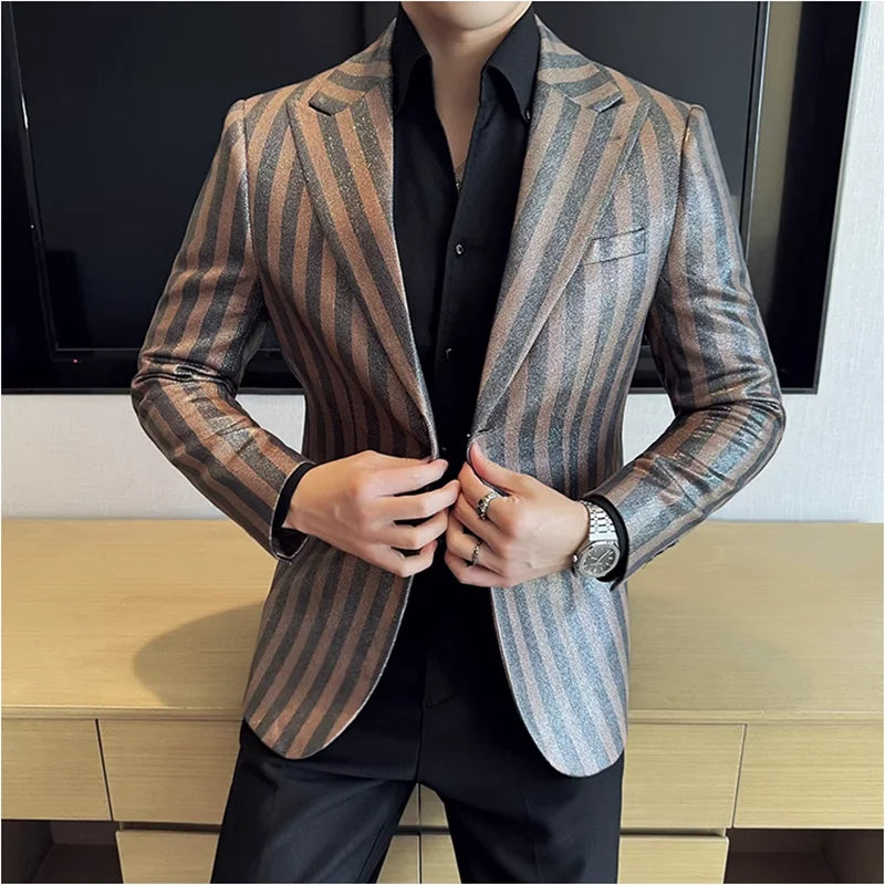 Alta qualidade vintage camurça linha bronzeamento listrado terno casaco 2025 outono novos homens fino negócios social formal terno jaqueta fraques