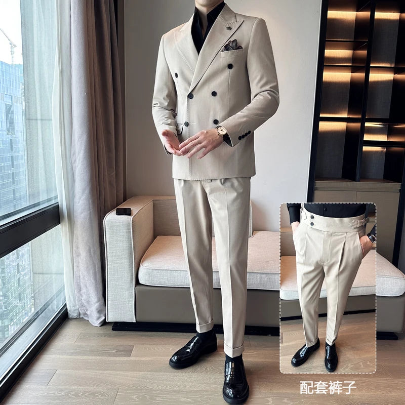 (Blazer + calças) moda duplo breasted design fino terno masculino estilo italiano luxo casamento festa social smoking 2 peça conjunto