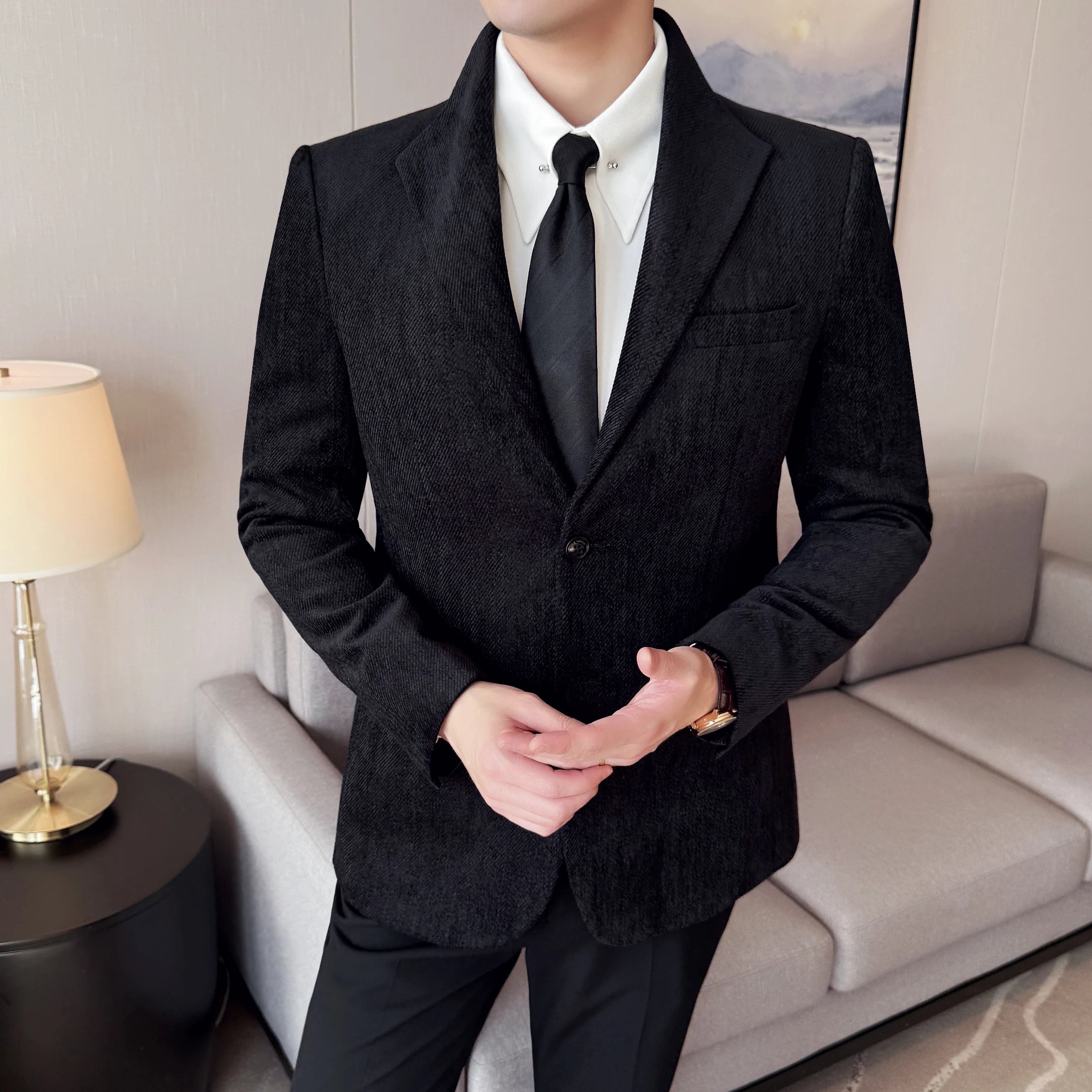 Novo estilo chinês gola moda casual terno jaqueta outono inverno novo fino ajuste negócios formal festa de formatura social smoking