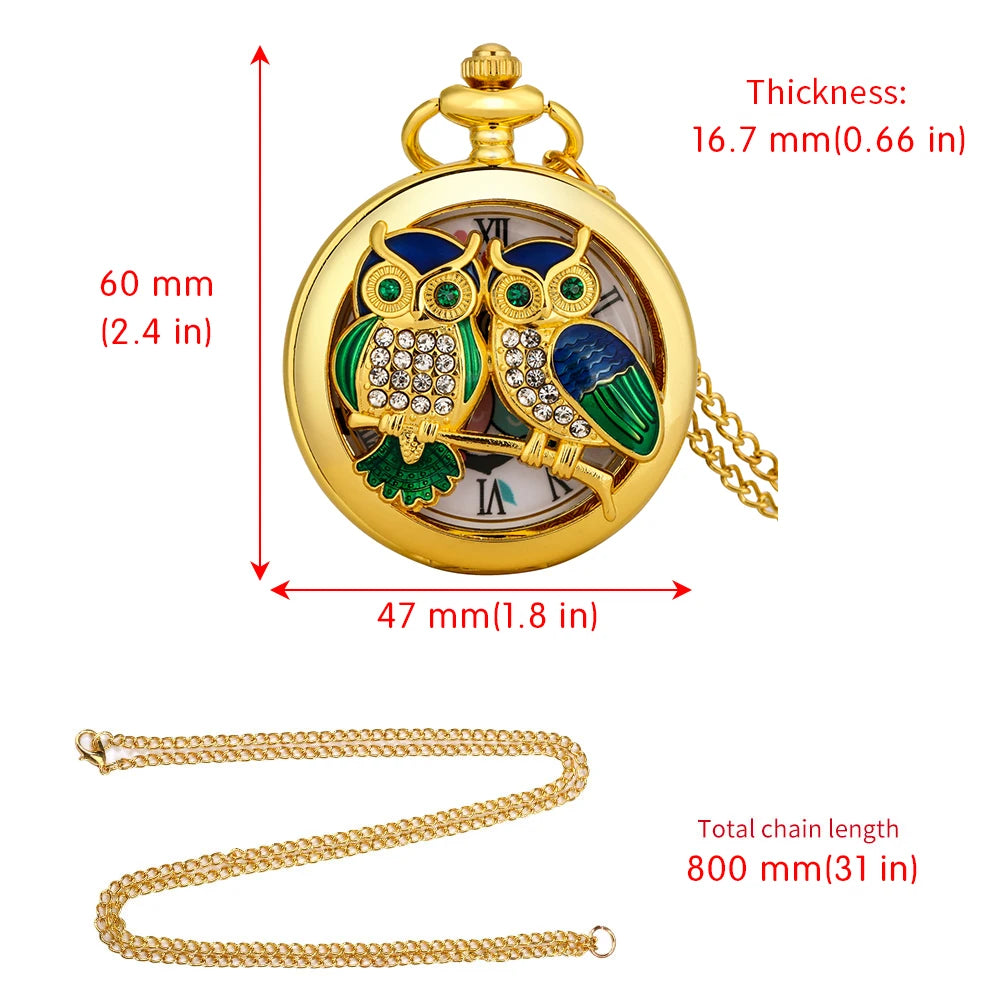 Encantador relógio de bolso de quartzo coruja incrustado de diamante, dourado artesanato arte, corrente oca relógio, camisola pingente, luxo